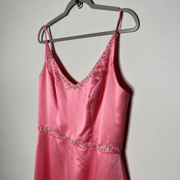 Da Vinci Dress Womens 14 Pink Satin Gown Embellished Long Formal Fairy V Neck - Picture 15 of 16